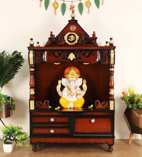 Brown Teak Wood Floor Rested Mandir Without Door