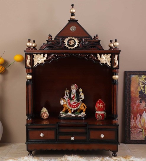 Brown Teak Wood Floor Rested Mandir Without Door