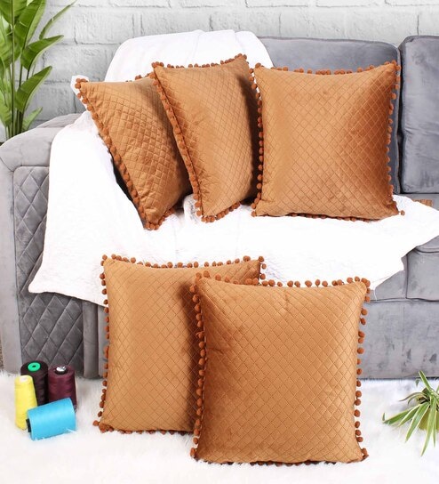 Brown Textured Velvet 16 x 16 Inches Cushion Covers (Set of 5)