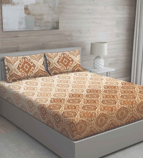 Brown Traditional 150 TC Cotton Queen Sized Bed Sheets with 2 Pillow Covers by GM Fabrics