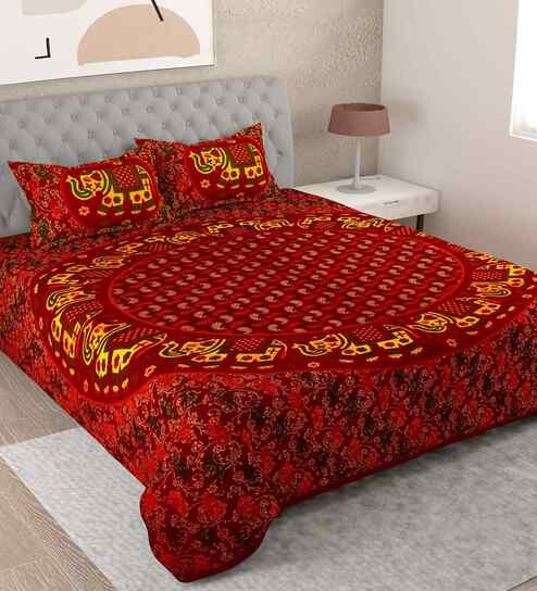 Brown Traditional 180 TC Cotton  King Sized Bedsheet with 2 Pillow Covers