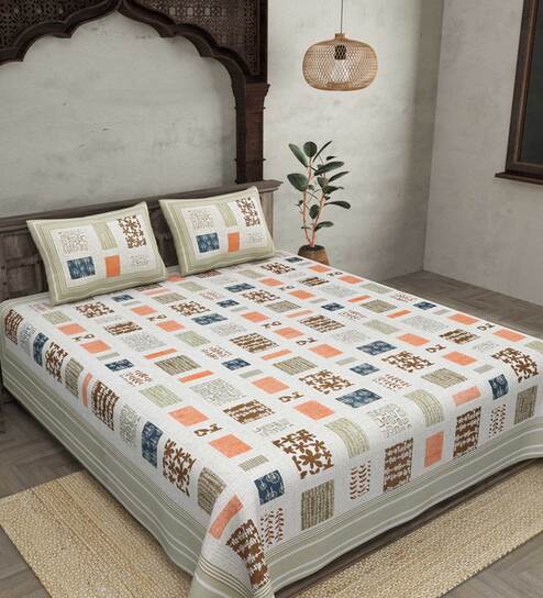 Multicolor Geometric 240 TC Cotton King Sized Bed Sheets with 2 Pillow Covers by Jaipur Fabric