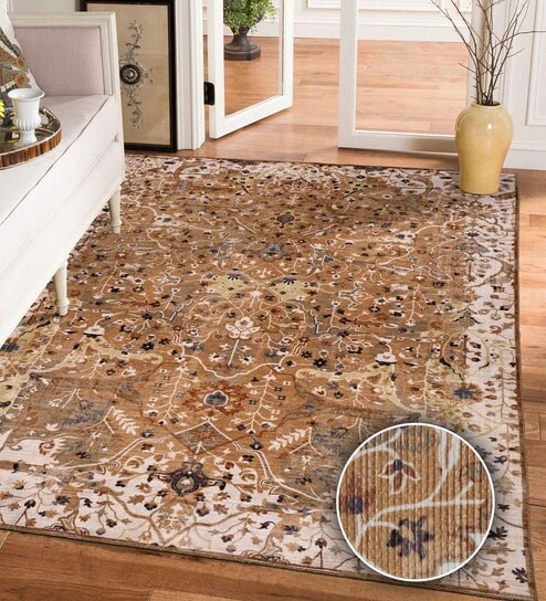 Brown Floral Polyester 4' X 6' Machine Made Carpet