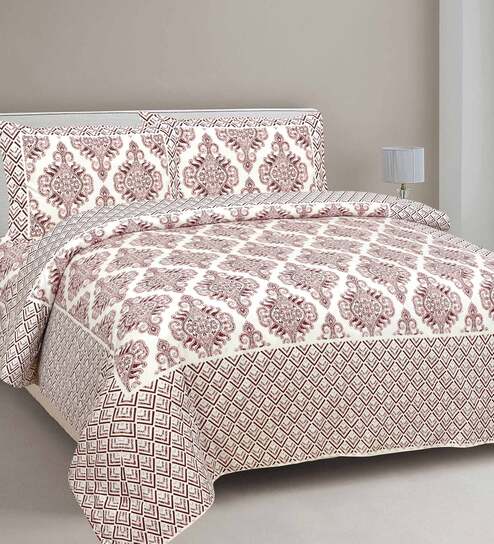 Brown Traditional TC 210 Cotton Double Bed Sheet With 2 Pillow Covers