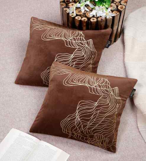 Brown Velvet Abstract 16X16 Inches Cushion Covers (Pack of 2)