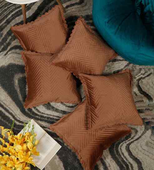 Brown Velvet Abstract 16X16 Inches Cushion Covers (5Pcs)