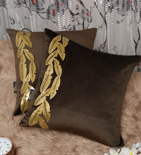 Brown Floral Velvet 16 x 16 Inches Cushion Covers (Set of 2)