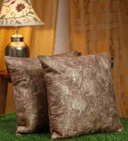 Brown Velvet Floral 16X16 Inches Cushion Covers (Pack of 2)