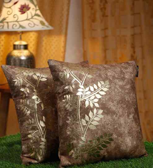 Brown Velvet Floral 16X16 Inches Cushion Covers (Pack of 2)