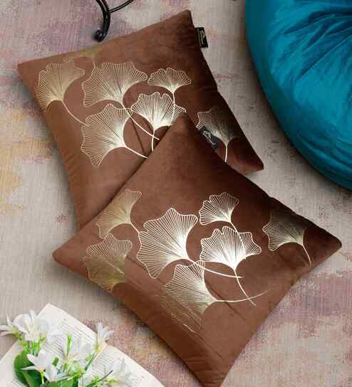 Brown Velvet Floral 16X16 Inches Cushion Covers (Pack of 2)