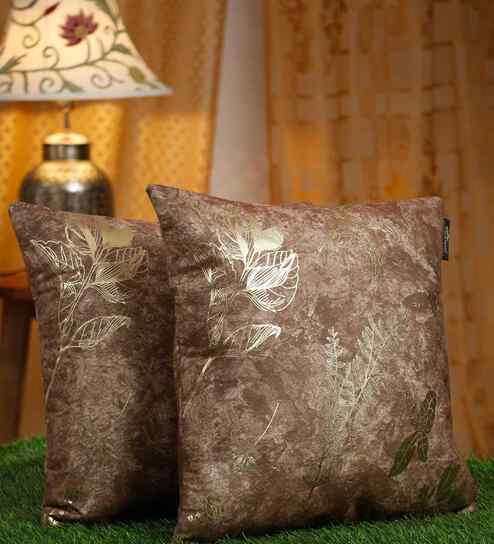 Brown Velvet Floral 16X16 Inches Cushion Covers (Pack of 2)