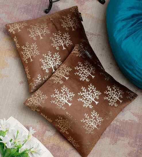 Brown Velvet Floral 16X16 Inches Cushion Covers (Pack of 2)