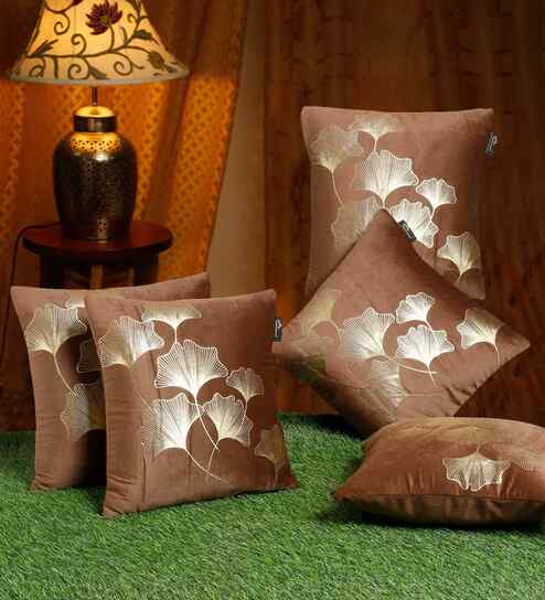 Brown Velvet Floral 16X16 Inches Cushion Covers (Pack of 5)