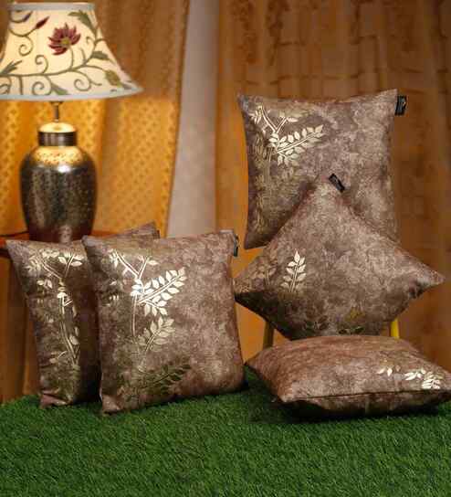 Brown Velvet Floral 16X16 Inches Cushion Covers (5Pcs)