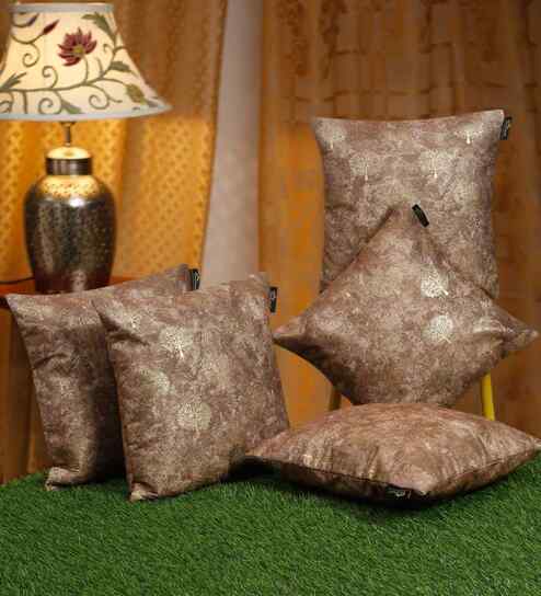 Brown Velvet Floral 16X16 Inches Cushion Covers (5Pcs)