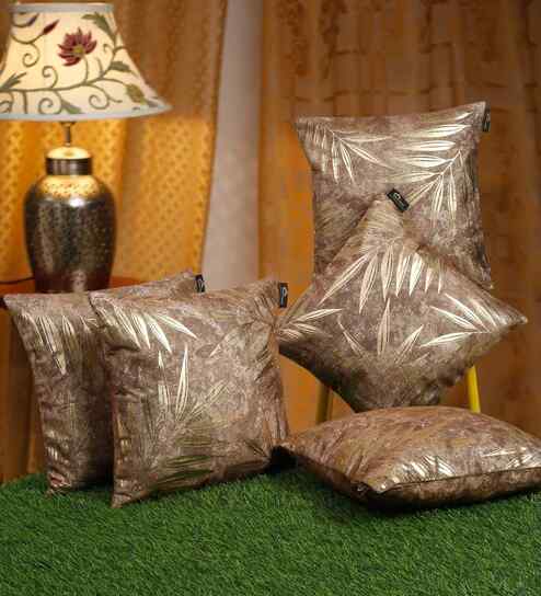 Brown Velvet Floral 16X16 Inches Cushion Covers (5Pcs)
