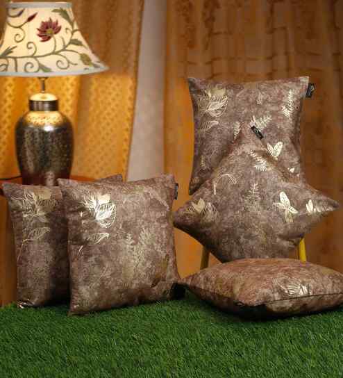 Brown Velvet Floral 16X16 Inches Cushion Covers (5Pcs)
