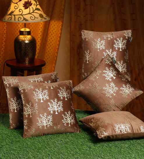 Brown Velvet Floral 16X16 Inches Cushion Covers (Pack of 5)