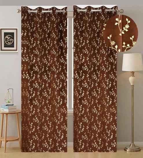 Brown Velvet Floral 5 Foot Ring Top Window Curtain