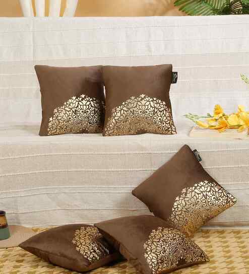 Brown Velvet Geometric 12X12 Inches Cushion Covers (Pack of 5)