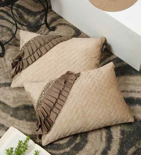 Brown Velvet Geometric 12X18 Inches Cushion Covers (Pack of 2)