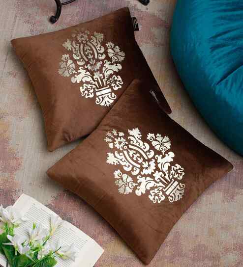 Brown Velvet Geometric 16X16 Inches Cushion Covers (Pack of 2)
