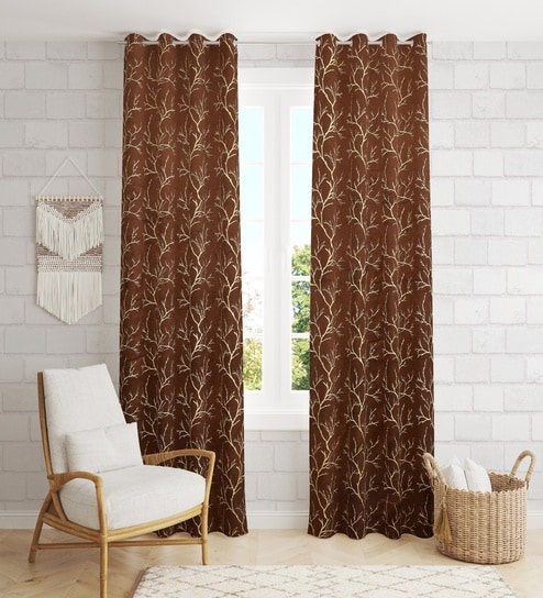 Brown Velvet Tree Branch  7 Foot Ring Top Door Curtains Set Of 2