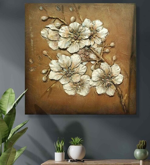 Brown White Floral Wall Painting Embossed Original Painting On Canvas by Art Street