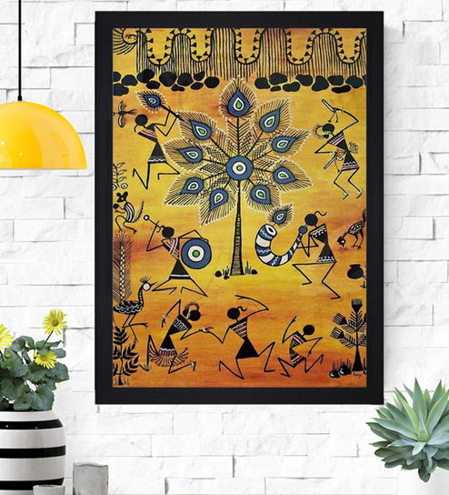 Brown Wood "Ethnic Tribal Dhokra and Warli Art" Textured Paper Scratch & Dust Proof Framed Art Print by Chaque Decor