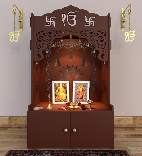 Brown Wooden Floor Pooja Mandir with Ik Onkar & Swastik Design Laser-Cut Bell Motifs Storage Cabinet & Ornate Arch