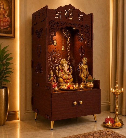 Brown Wooden Floor Pooja Mandir with Ik Onkar & Swastik Design Laser-Cut Bell Motifs Storage Cabinet & Ornate Arch