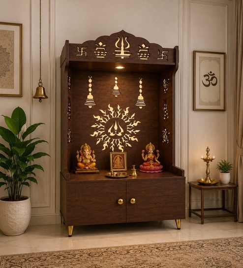 Brown Wooden Floor Pooja Mandir with Trishul & Kalash Design Laser-Cut Bell & Sun Motif Back Panel & Storage Cabinet