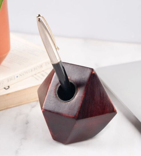 Brown Wooden Geometric Pen Holder