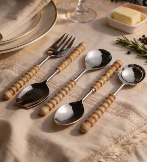 vareesha Brown Wooden Handle Stainless Steel 5 Pc Serving Spoons Set-picture-21