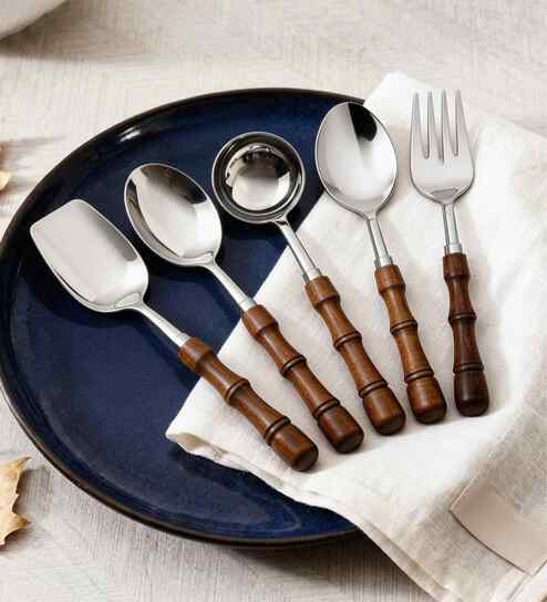 vareesha Brown Wooden Handle Stainless Steel 5 Pc Serving Spoons Set-picture-2