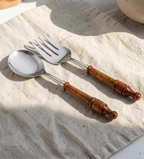 vareesha Brown Wooden Handle Stainless Steel Salad Serving Spoons Set Of 2-picture-20