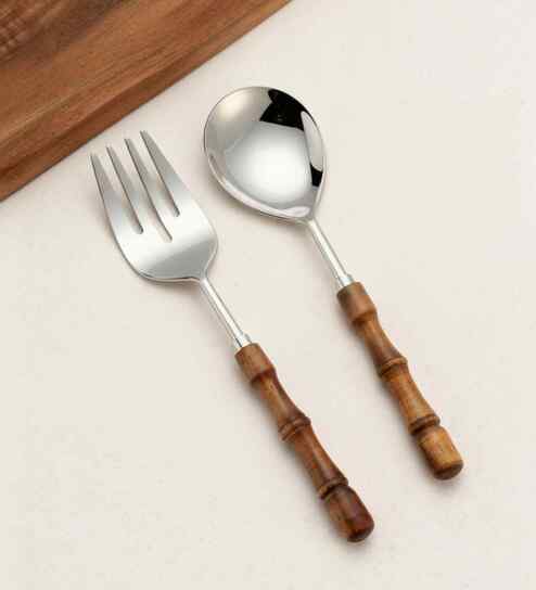 vareesha Brown Wooden Handle Stainless Steel Serving Spoons Set Of 2-picture-18
