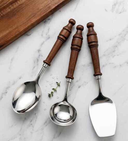 vareesha Brown Wooden Handle Stainless Steel Serving Spoons Set Of 3-picture-17