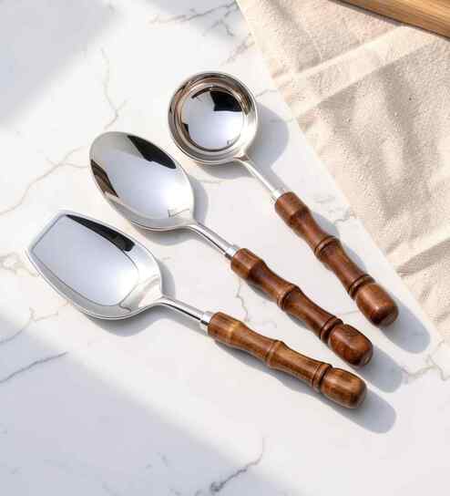 vareesha Brown Wooden Handle Stainless Steel Serving Spoons Set Of 3-picture-4