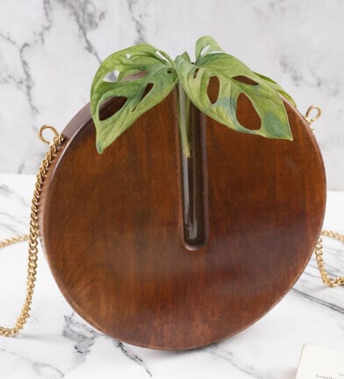 Brown Wooden Round Hanging Planter With Glass Tube & Sling Chain