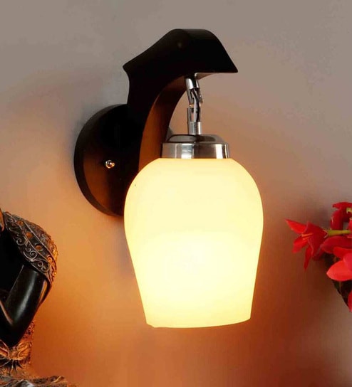 Brown Wooden Wall Lamp with Frosted Glass Shade