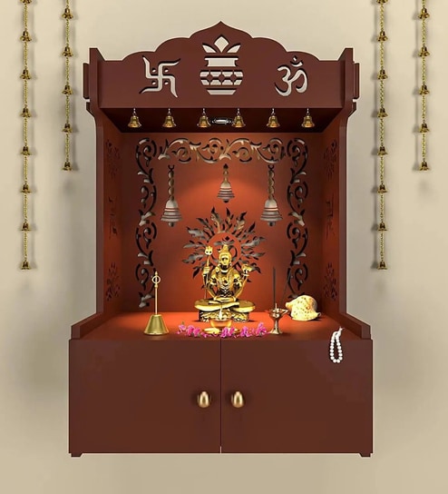 Brown Wooden Wall Mounted Temple with Om-Swastik Carving Pooja Mandir for Home