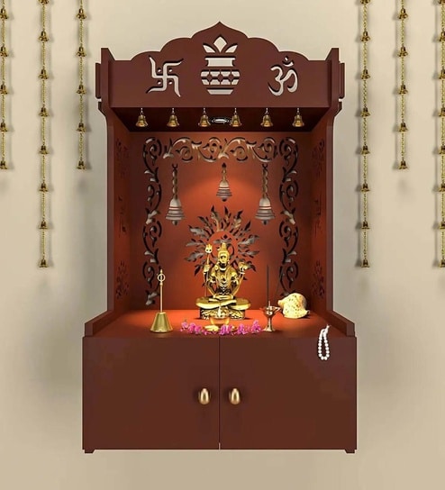 Brown Wooden Wall Mounted Temple with Om-Swastik Carving Pooja Mandir for Home