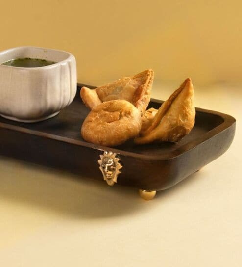 Brown Wooden With Metal Stand Snack Tray