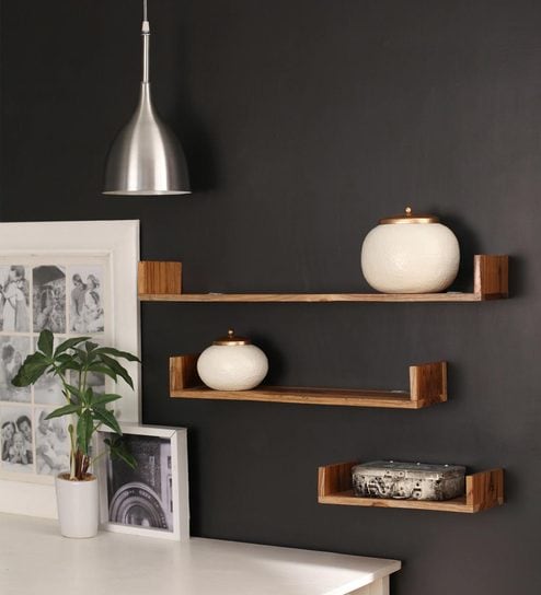 Buy Solid Wood Floating Wall Shelves In Brown Colour By Divine