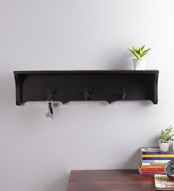 Buy Solid Wood Floating Wall Shelf With Key Holder In Black Colour By Craft Tree Online Mid Century Wall Shelves Wall Shelves Home Decor Pepperfry Product