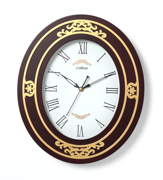 Buy Brown Wooden Oval Shape Clock with Hand Made Design by Caliber