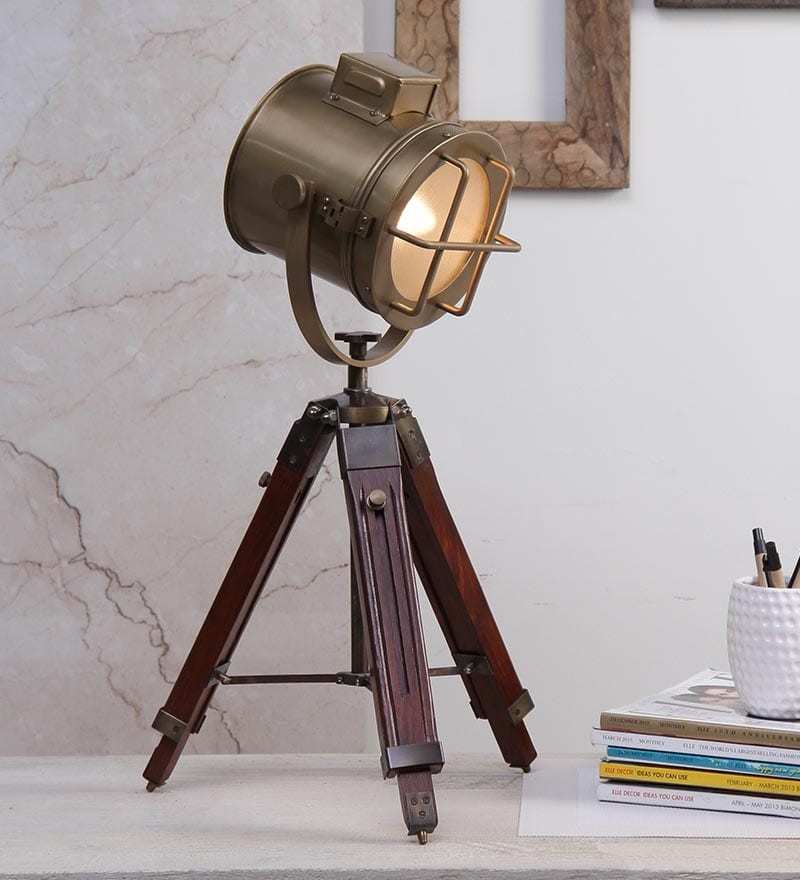 Buy Gold Metal Shade Tripod Table Lamp with Brown Base by Grated Ginger Online Modern and