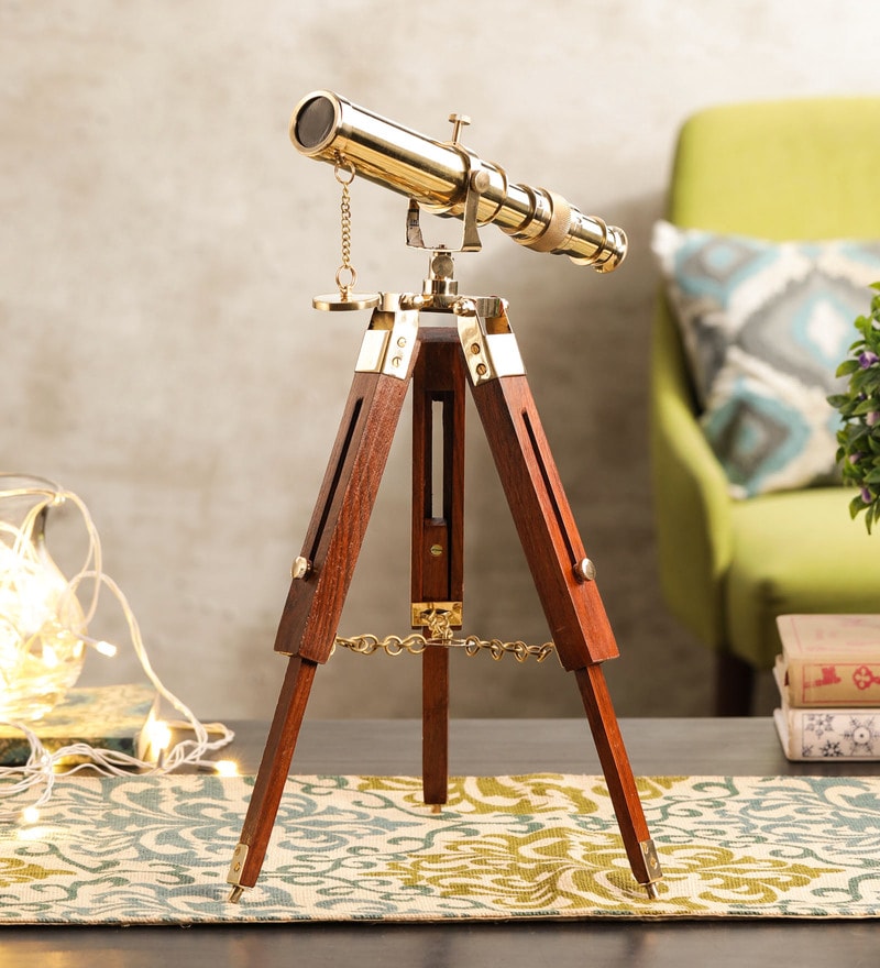 Buy Brass Telescope with Wooden Tripod Stand by Exim Decor Online ...