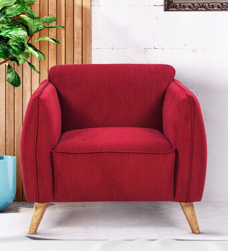 Buy Brawny Fabric 1 Seater Sofa in Maroon Colour by HomeTown Online MidCentury Modern 1